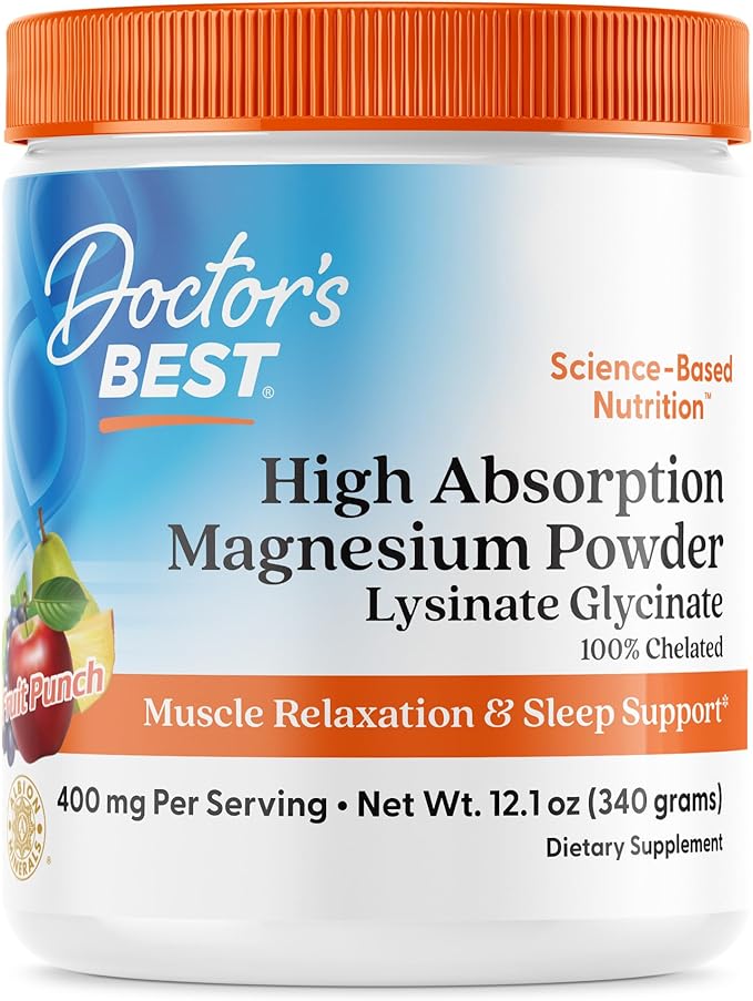 Doctors Best High Absorption Magnesium Powder Lysinate Glycinate 100% Chelated, Muscle Relaxation & Sleep Support, Gluten Free, Vegan, 100% Chelated Net Wt. 12.1 oz (340 Grams), Fruit Punch Flavor