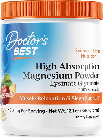 Doctors Best High Absorption Magnesium Powder Lysinate Glycinate 100% Chelated, Muscle Relaxation & Sleep Support, Gluten Free, Vegan, 100% Chelated Net Wt. 12.1 oz (340 Grams), Fruit Punch Flavor
