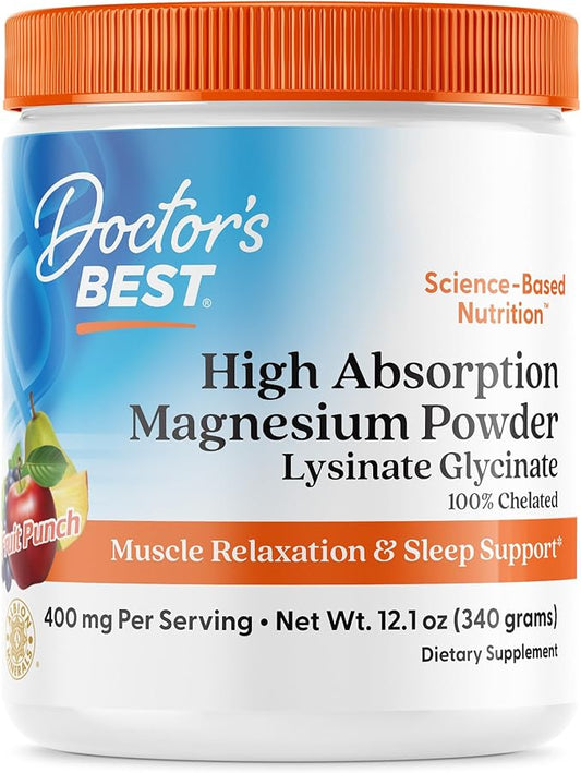 Doctors Best High Absorption Magnesium Powder Lysinate Glycinate 100% Chelated, Muscle Relaxation & Sleep Support, Gluten Free, Vegan, 100% Chelated Net Wt. 12.1 oz (340 Grams), Fruit Punch Flavor
