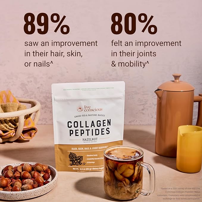 Live Conscious Collagen Peptides Powder - Hazelnut Flavored Collagen Powder - Hair, Skin, Nail, & Joint Support - Type I & III Grass-Fed Collagen Supplements for Women and Men - 30 Serving - 12.4oz