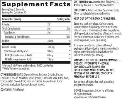 Amazon Basics Fish Oil 303 mg, Soft Chew Gummies, Lemon, Orange & Strawberry-Banana Flavors, 90 Count, EPA and DHA Omega-3 Fatty Acids (Previously Solimo)