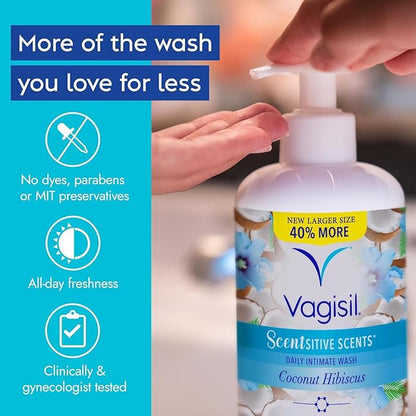 Vagisil Feminine Wash for Intimate Area Hygiene, Scentsitive Scents, pH Balanced and Gynecologist Tested, Coconut Hibiscus, 16.9 oz with Pump