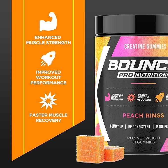 Bounce Pro Creatine Monohydrate Gummies for Men & Women, Low Calorie, 6G of Creatine per Serving, Vegan, Anti-Melting, Gluten-Free, Non-GMO, 2g of Creatine per Gummy (51ct, Peach Rings)