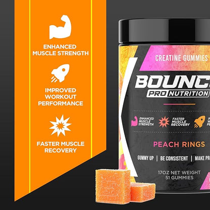 Bounce Pro Creatine Monohydrate Gummies for Men & Women, Low Calorie, 6G of Creatine per Serving, Vegan, Anti-Melting, Gluten-Free, Non-GMO, 2g of Creatine per Gummy (30ct, Peach Rings)