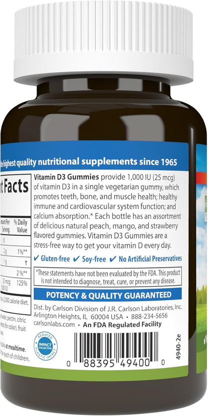 Carlson - Vitamin D3 Gummies, 1000 IU (25 mcg), Bone Health, Immune Support & Calcium Absorption, Natural Fruit Flavors, 60 Vegetarian Gummies
