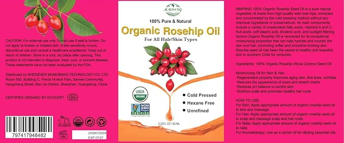 Organic Rosehip Oil for Face & Skin – USDA Certified, Cold Pressed, Unrefined Rose Hip Seed Oil for Anti-Aging, Scars, Moisturizing, Hair, Nails & Gua Sha Massage, 2 fl oz (60 ml)