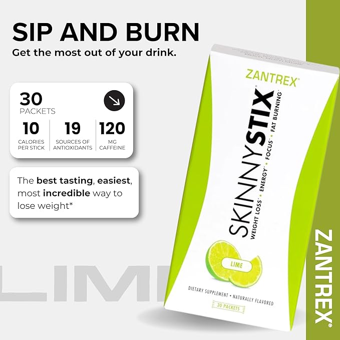Zantrex SkinnyStix Electric Lime GLP-1 Support Drink Mix, Energy & Metabolic Support Powder, Appetite Control, 30 Single-Serving Packets