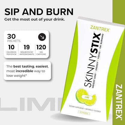 Zantrex SkinnyStix Electric Lime GLP-1 Support Drink Mix, Energy & Metabolic Support Powder, Appetite Control, 30 Single-Serving Packets
