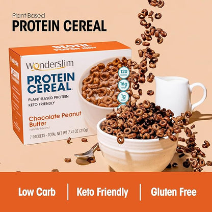 WonderSlim Protein Cereal, Chocolate Peanut Butter, Low Sugar, Gluten Free, Keto Friendly & Low Carb (7ct)