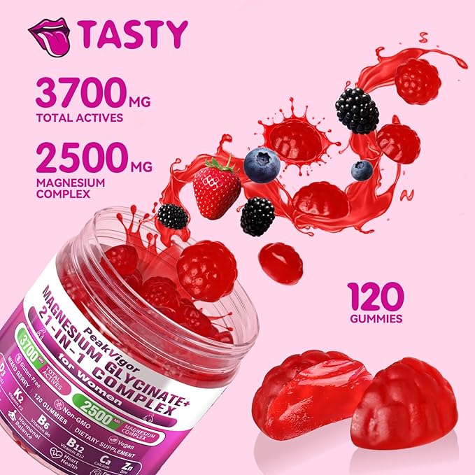 21 in 1 Magnesium Glycinate Gummy for Women with D3, K2, B6, B12, L-Theanine & Ashwagandha, 2500mg Magnesium Complex, Sleep Support, Vegan, Non-GMO,Third-Party Tested (60-Day Supply)