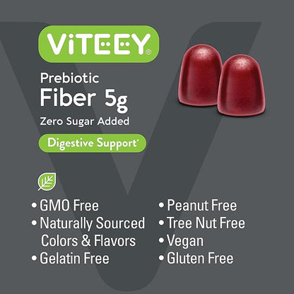 Viteey Prebiotic Fiber Gummies for Adults, 5g - Gut Health & Digestive Soluble Fiber Supplement Gummies - Zero Sugar Added, Vegan, Gluten-Free - 120 Count