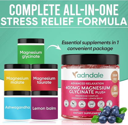 Adndale 180 CT Magnesium Glycinate Gummies 400 mg/Serv with Ashwagandha, Magnesium Malate & Taurate, Sugar Free Chews for Adults & Kids