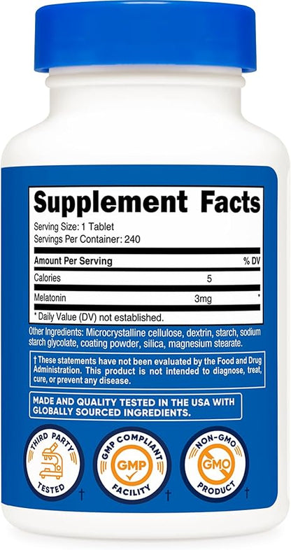 Nutricost Melatonin 3mg, 240 Tablets - 3mg Per Serving, Non-GMO, Gluten Free