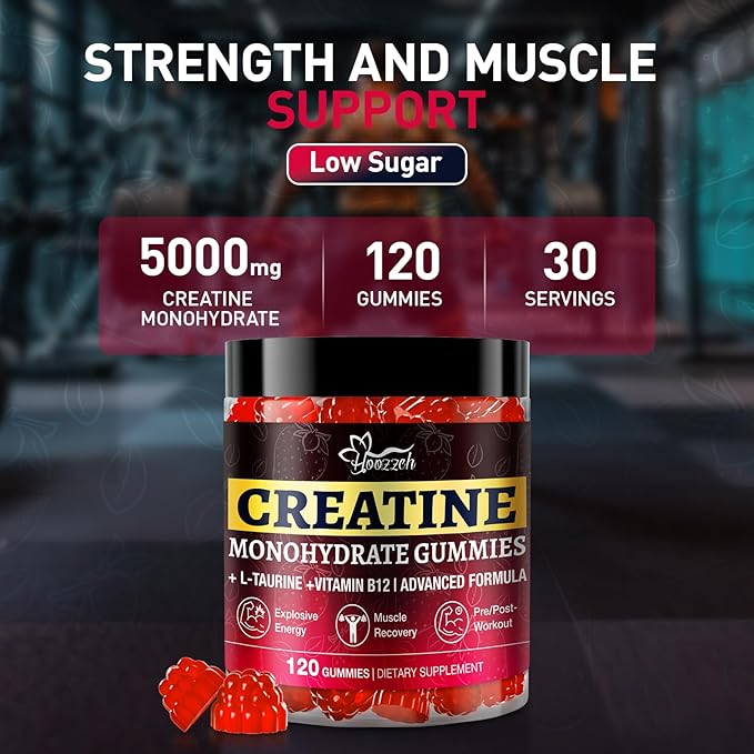 Creatine Gummies for Men & Women, Creatine Monohydrate Gummies, 5g Creatine per Serving, Gluten Free, Vegan Friendly, Strawberry Flavor, 120 Count
