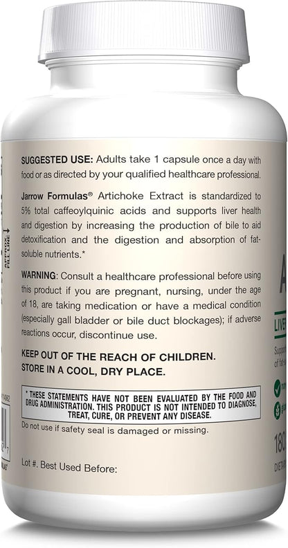 Jarrow Formulas Artichoke 500 mg - Standardized Artichoke Extract - 180 Servings (Veggie Caps) Support Liver Health & Digestion - Dietary Supplement - Non-GMO - Gluten Free - Vegan