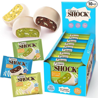 Fitness SHOCK Protein White Brownie Variety Pack - No Added Sugar, 7.5g Protein, Low Carb Dessert - Pistachio, Cookie Cream, Lemon Poppy - 0g Added Sugar, 10g Net Carbs - 10 x 50g