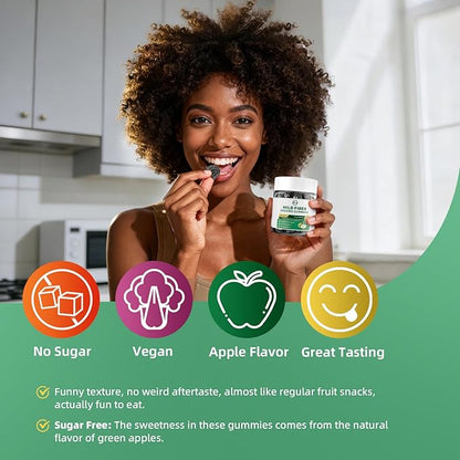 M inch Fiber Gummies for Adults Women Men Sugar Free - Fiber Supplement Support Digestive, Gut & No Bloating* - 7g High Fiber per Serving, Daily & Soluble, 3 Pack, Apple Flavor, Vegan, Non GMO
