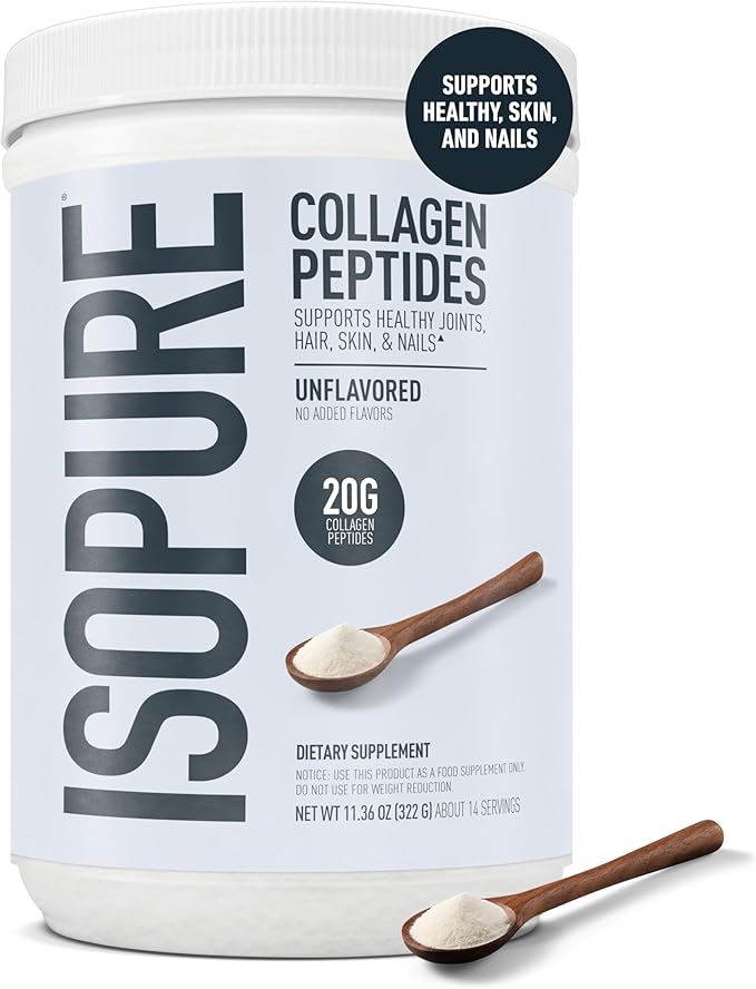 Isopure Collagen Peptides Powder, Promotes Hair, Nail, Skin and Joint Health, with Vitamin C and Biotin, Unflavored, 20g Collagen Peptides Per Serving, 11.36 Oz, 14 Servings (Packaging May Vary)