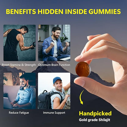 Shilajit Gummies, Himalayan Pure Shilajit Gummies Gold Grade, No Added Sugar, 85+ Trace Minerals, Ashwagandha, Gokshura, Energy and Immune Support, Gold