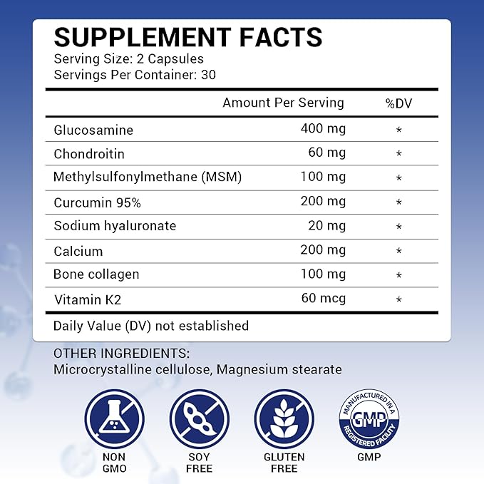 120 Capsules Glucosamine Chondroitin with Methylsulfonylmethane (MSM), Joint Support Supplement for Women & Men, Non-GMO