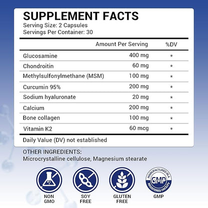 120 Capsules Glucosamine Chondroitin with Methylsulfonylmethane (MSM), Joint Support Supplement for Women & Men, Non-GMO