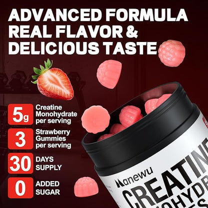 99.9% Creatine Monohydrate Gummies, SGS Certified, 5000mg Creatine Gummies for Men & Women, Support Muscle Strength, Recovery & Stamina, Sugar Free, Vegan, Non-GMO, Strawberry Flavor, 90 Count