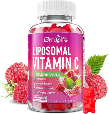 Liposomal Vitamin C 1000mg Gummies for Adults Kids, 1500mg Chewable Vitamin C w/Iron, Zinc & Elderberry - Immune Support & Energy, Collagen Booster, Raspberry, 60 Count