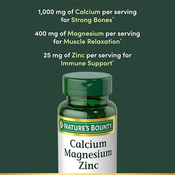 Nature's Bounty Calcium Magnesium & Zinc Caplets, Immune & Bone Health, Daily Supplement, 1000mg Calcium, 400mg Magnesium, 600 IU Vitamin D, Gluten Free, 100 Caplets