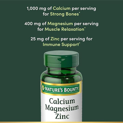 Nature's Bounty Calcium Magnesium & Zinc Caplets,Immune & Bone Health,Daily Supplement,1000mg Calcium,400mg Magnesium,600 IU Vitamin D,Gluten Free,100 Caplets,(Pack of 3)
