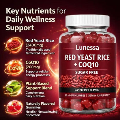 Lunessa Red Yeast Rice, with Red Yeast Rice 2400mg, CoQ10 200mg, Restores Body Vitality & Maintains Healthy Cholesterol Levels for Men & Women, Non-GMO, Vegan, Raspberry Flavor, 60 Gummies (1)