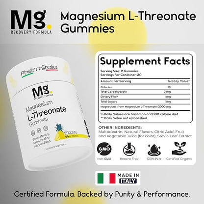 Magnesium L-Threonate Gummies for Adults & Kids 2000mg – Brain Supplements for Memory and Focus - Calm Magnesium Gummies for Improved Sleep and Healthy Mind - 60 Count (Pack of 1)