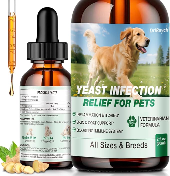 Yeast Infection Treatment for Dogs, 2 FL Natural Dog Yeast Infection Treatment, Ear & Skin Itch Relief, Reduces Inflammation & Irritation, Herbal Dog Supplement Drops with Probiotics & Multivitamins