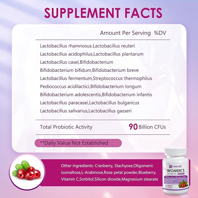 OMOGS 2PCS Women's Probiotic, with Cranberry Extract, Organic Prebiotics & Vitamin C, 90 Billion CFUs,18 Strains, Help for Boost Immune, Digestive, Gut Health & Women's Health,180 Tablets