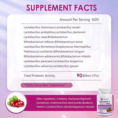 OMOGS Women's Probiotic, with Cranberry Extract, Organic Prebiotics & Vitamin C, 90 Billion CFUs,18 Strains, Help for Boost Immune, Digestive, Gut Health & Women's Health, Gluten & Soy Free,90 Tablets