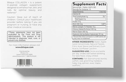 Blisque - Liquid Collagen Tri-Peptide Complex | with Biotin and Hyaluronic Acid | for Hair, Skin, and Nails | 30 Bottles | 30-Day Supply