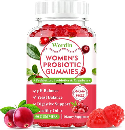 Women Probiotic Gummies for Feminine Health, Supports pH Balance, Vaginal Health, Odor Control & Yeast Balance, Digestive & Immune Support, Sugar Free Cranberry Flavor, 60 Count (Pack of 1)