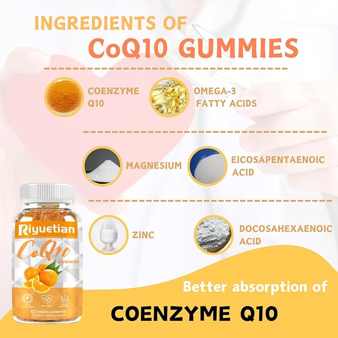 COQ10 Gummies - CoQ10 500mg + Omega-3 EPA/DHA + Magnesium Glycinate + Zinc Citrate, to Support Heart Health, Energy Production, Immune System & Mineral Absorption, 30 Servings