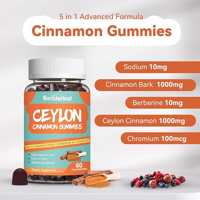 Sugar Free Ceylon Cinnamon Gummies 2000MG, Cinnamon Supplement with Chromium and Cinnamon Bark, Vegan, Non-GMO, Gluten Free, 60 Gummies