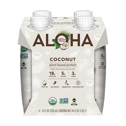 ALOHA Organic Plant-Based Protein Drink – Coconut Flavor | 18g Protein, 5g Sugar, 3g Fiber | Made with Creamy Coconut Milk, Fair Trade Certified, No Stevia | Vegan, Non-GMO, Gluten-Free, 11 fl oz (12 Pack)