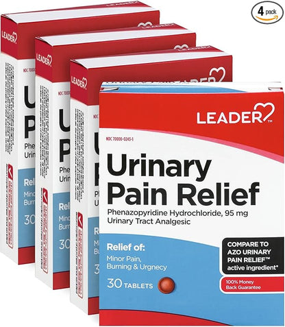 LEADER Urinary Maximum Strength, Fast Action for Burning & Urgency, Phenazopyridine Hydrochloride 95 mg, 30 Tablets, 4-Pack