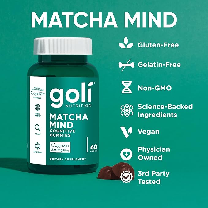 Goli Matcha Mind Gummies - 5 Pack - Green Tea Leaves Powder with Cognizin for Focus, Attention and Brain Health, Vegan, Non-GMO, Gluten-Free & Gelatin Free - 300 Count