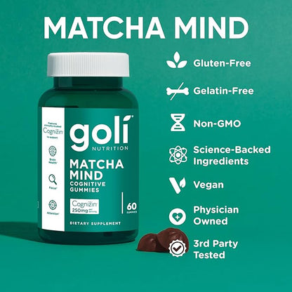 Goli Matcha Mind Gummies - 5 Pack - Green Tea Leaves Powder with Cognizin for Focus, Attention and Brain Health, Vegan, Non-GMO, Gluten-Free & Gelatin Free - 300 Count