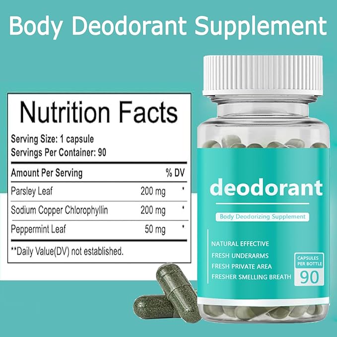 Body Deodorizing Supplement, Internal Deodorant Chlorophyll Capsules for Men & Women - Full Body Deodorizing Supplement Odor Control Natural Deodorant, 90 Count