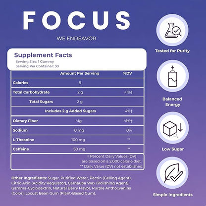 Caffeine and L-Theanine Gummies, Berry Flavor – Smooth Energy and Calm Focus with 50mg Caffeine and 100mg L-Theanine per Gummy; Clean, Crash-Free Energy Gummies for Work, Study & Daily Productivity