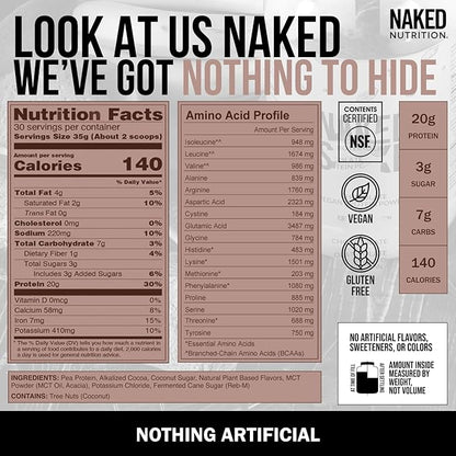NAKED Shake - Chocolate Protein Powder - Plant Based Protein Shake with Mct Oil, NSF Certified, Gluten-Free, Soy-Free, No Gmos Or Artificial Sweeteners - 30 Servings