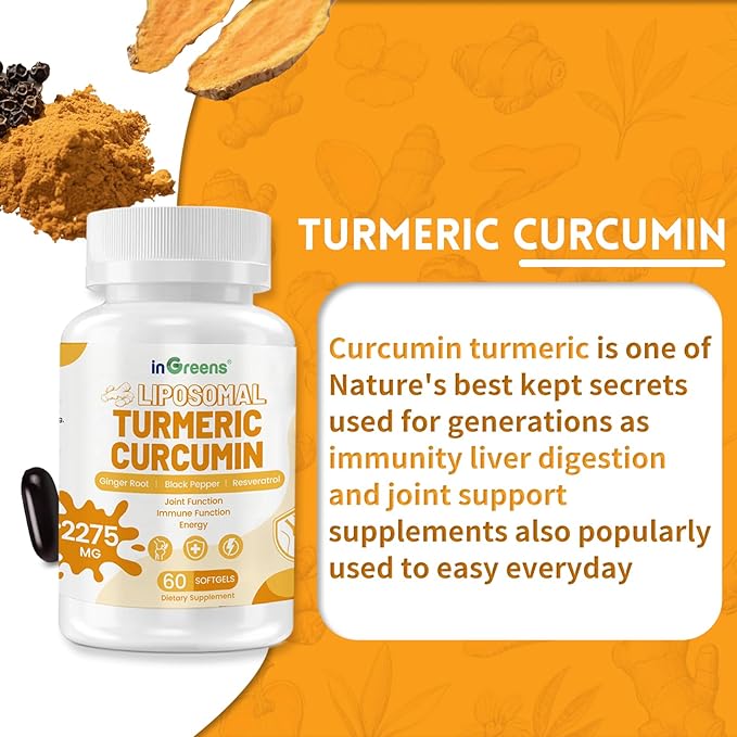 inGreens Turmeric Supplement 2275mg, 95% Curcumin, Liposomal Curcumin for Best Absorption, Curcumin Supplement for Joint Support, Bottled in USA - 180 Softgels