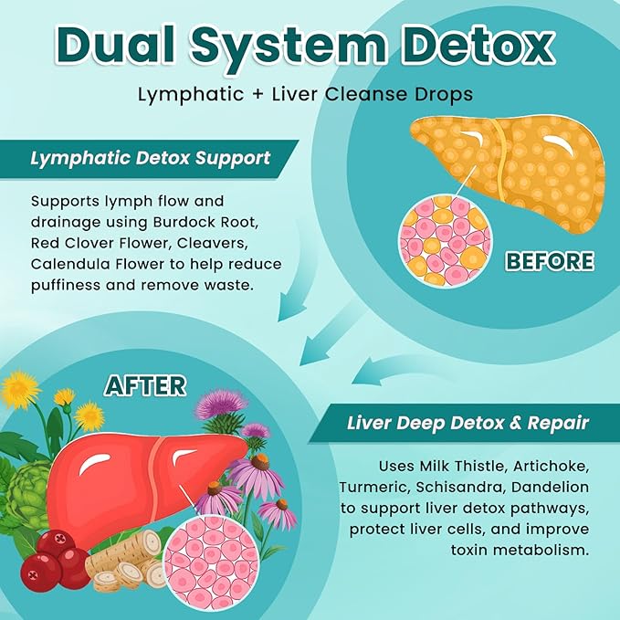 Liposomal Lymphatic Drainage Drops, Liver Cleanse Detox & Repair Liquid Supplement with Milk Thistle, Dandelion, Burdock Root & Echinacea - Lymph & Liver Detox, Antioxidant, Strawberry Flavor 2 Fl Oz