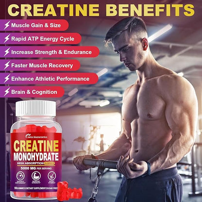 Creatine Monohydrate Gummies Infused with 5g Creatine for Men and Women, Chewable Creatine Monohydrate for Muscle Strength, Muscle Builder, Energy Boost, Pre-Workout Supplement- 180 Raspberry Gummies