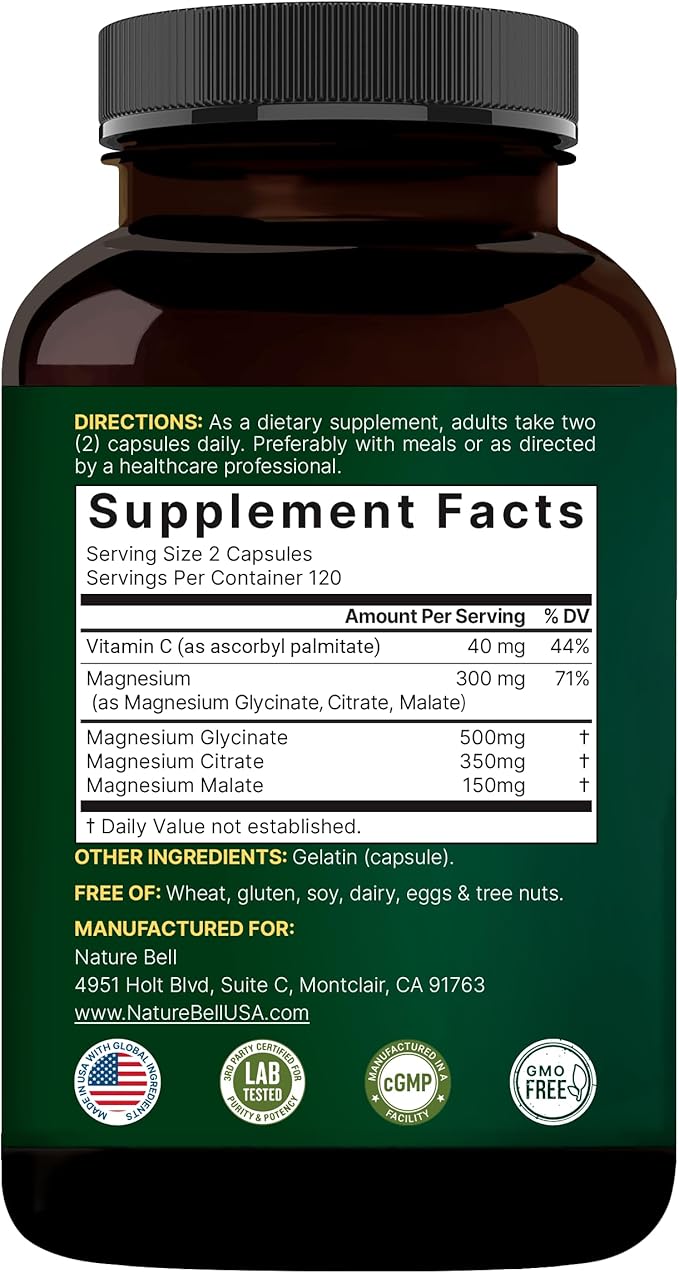 NatureBell Magnesium Complex for Women & Men 1,000mg Per Serving – 240 Capsules – Triple Magnesium Complex with Glycinate, Citrate & Malate – Chelated & Purified – Non‑GMO, Filler Free