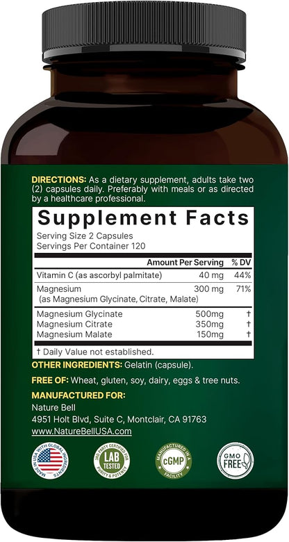NatureBell Magnesium Complex for Women & Men 1,000mg Per Serving – 240 Capsules – Triple Magnesium Complex with Glycinate, Citrate & Malate – Chelated & Purified – Non‑GMO, Filler Free